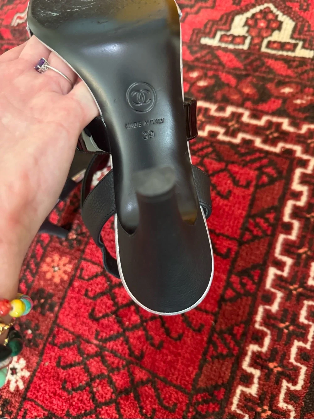 Chanel Silver Black Logo Heels 39